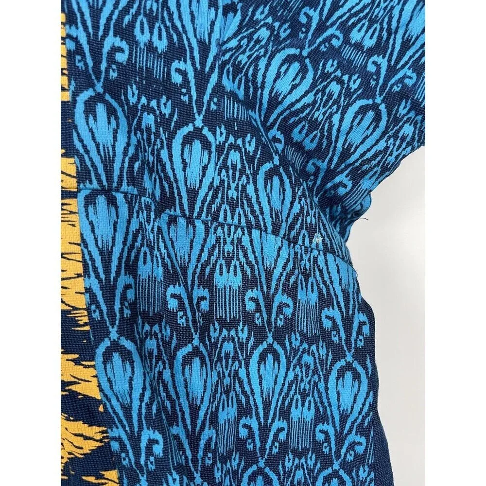 Taaga Blue Yellow Abstract Print Short Sleeve Midi Button Up Kaften Dress Size M